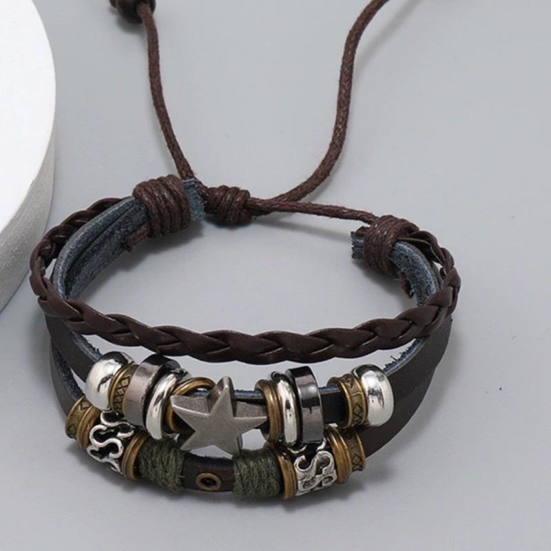 Fiasrel Vintage Anti-Possession Pentagram Star Pattern Leather Braided Bracelet