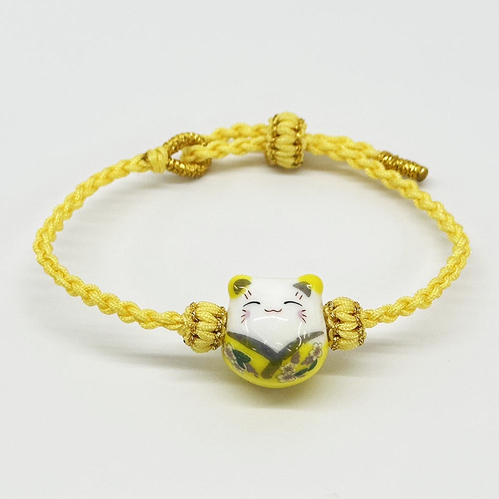 Fiasrel Lovely Colorful Lucky Cat Bracelet Simple Handmade Braid Rope Bracelet Cute Ceramic Cat Bracelet 