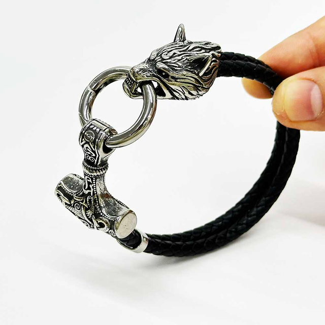Fiasrel Stainless Steel Wolf Head Bracelet Viking Bracelet Norse Myth Wolf Bracelet