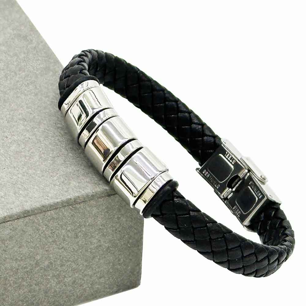 Fiasrel Custom Name Simple Design Men Jewelry Stainless Steel Charm Black Microfiber Leather Bracelet