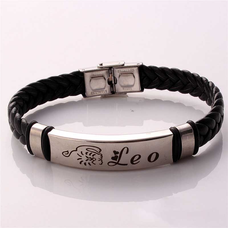 Fiasrel Twelve Constellations Bracelet Adjustable Size Leather Woven Rope Stainless Steel Bracelet