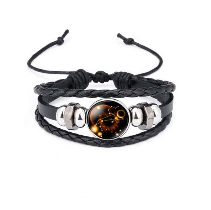 Fiasrel Handmade Adjustable PU Leather Charm Glow In Dark Horoscope 12 Zodiac Signs Bracelet