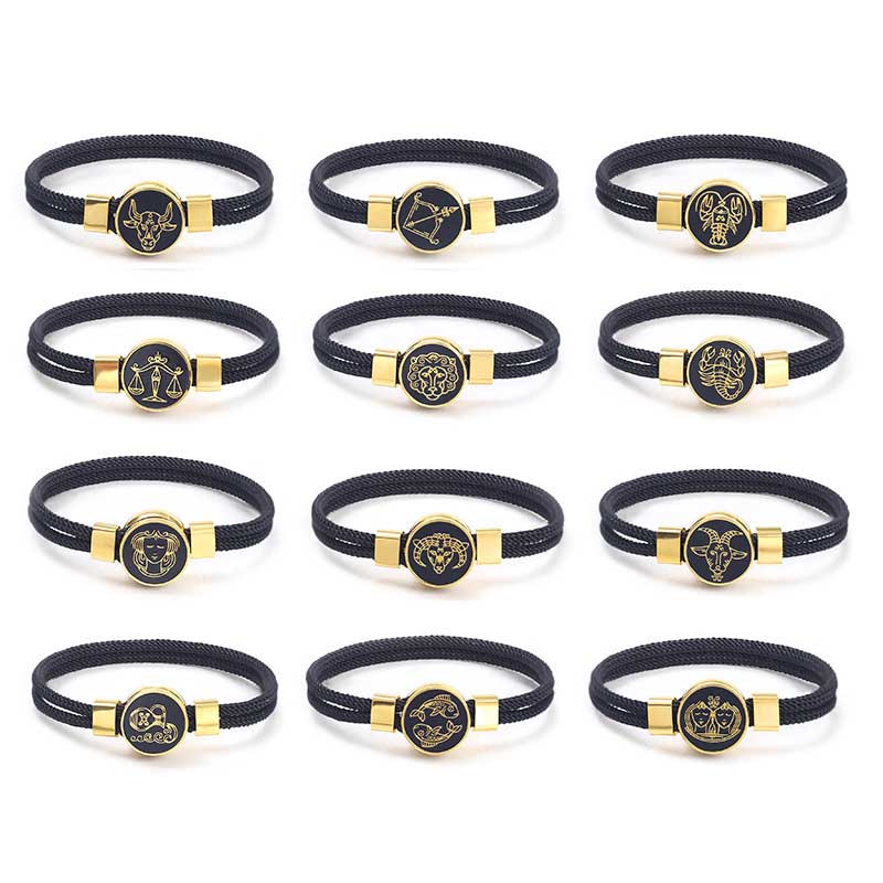 Fiasrel 12 Constellations Zodiac Sign Charm Rope Leather Adjustable Cord Bracelet Titanium Steel Retro Black Rope Bracelet