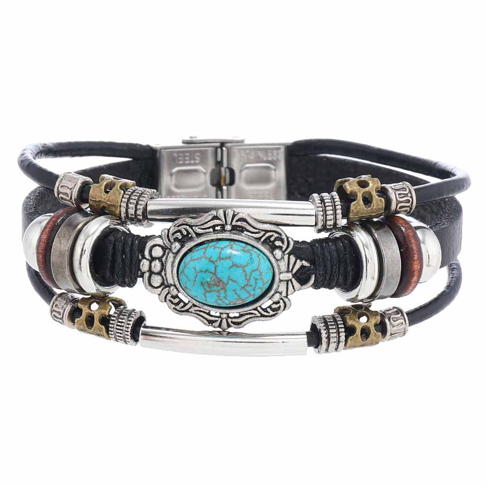 Fiasrel Beaded Leather Bracelet Men's Turquoise Stainless Steel Bracelet