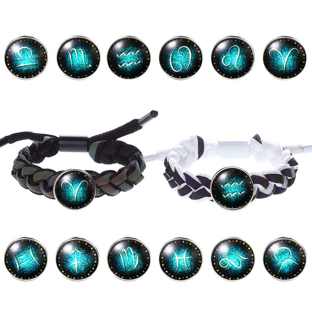 Fiasrel Zodiac Sign Pendant Bracelets Horoscope Astrology Charms Holographic Leather Twelve Constellations Luminum Bracelet