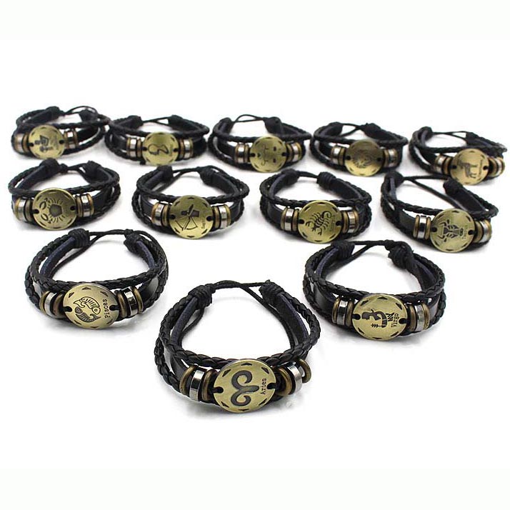 Fiasrel Zodiac Sign Horoscope Men's Leather Bracelet Vintage Retro Charm Wristband Male Jewelry Gifts