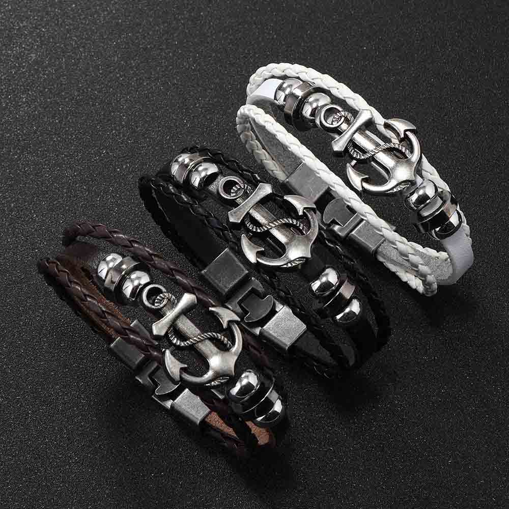 Fiasrel Vintage Leather Bracelet Retro Punk Leather Braided Bracelet Sea Rover Style Men's Leather Bracelet