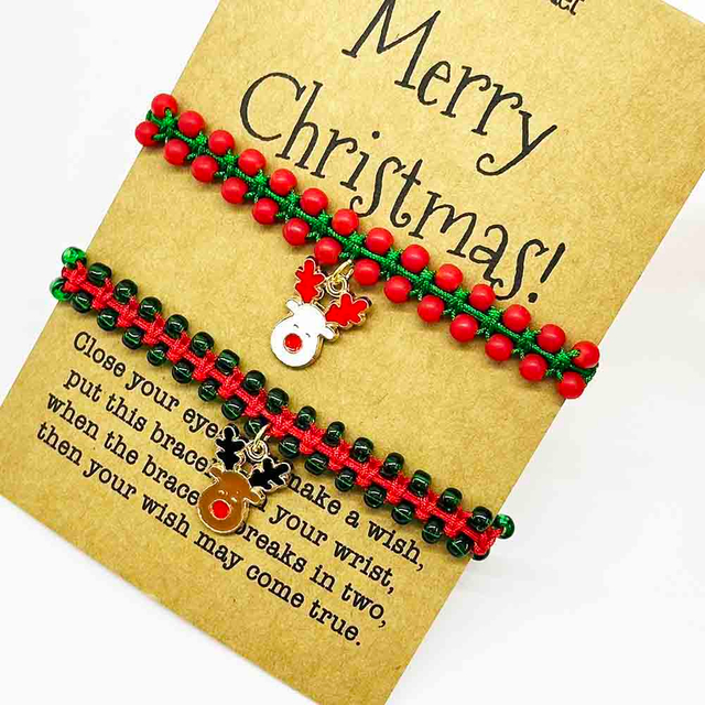 Fiasrel 2pcs/set Christmas Bracelet Set Handmade Santa Claus Deer Charms Beaded Stretch Xmas Bracelets