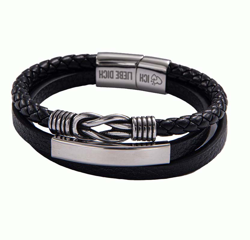 Fiasrel Stainless Steel Charm Leather Woven Vintage Creative Multi-layer Stainless Steel Bracelet with Magnet Clasp