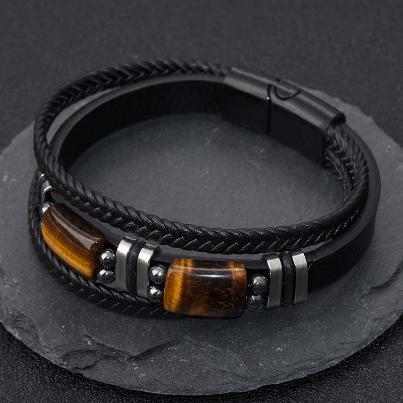 Fiasrel Multi-layer Natural Tiger Eyes Stone Leather Alloy Magnetic Clasp Bracelet Charm Jewelry