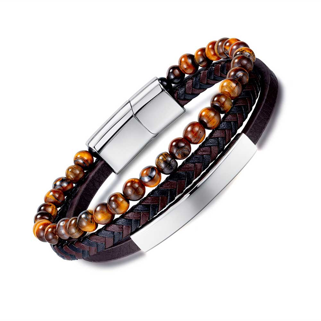 Fiasrel Leather Tiger-Eye Beads Bracelet Men Engraved Adjustable Magnetic Clasp Steel Wristband Braide Bracelet