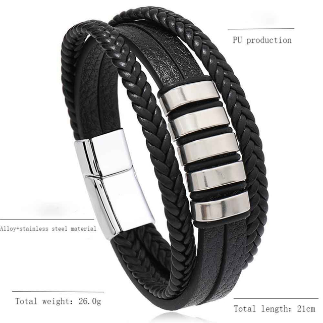 Fiasrel Mens Stainless Steel Bracelet Black Multi Layer Braided Genuine Leather Bracelet