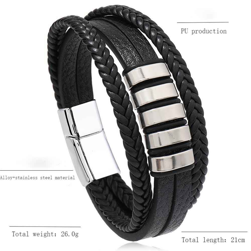 Fiasrel Mens Stainless Steel Bracelet Black Multi Layer Braided Genuine Leather Bracelet