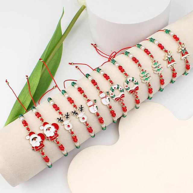 Fiasrel Christmas Bracelet Braided Adjustable Bracelet Snowman Christmas Tree Old Man Antlers Gift Pendant Bracelets
