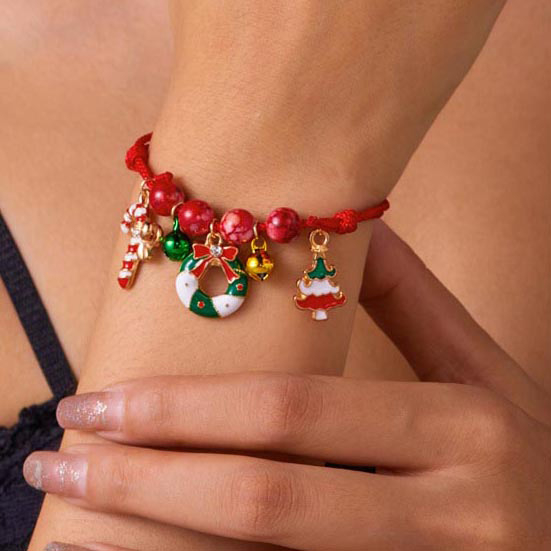 Fiasrel Christmas Handwoven Braided Bracelet Santa Claus Xmas Tree Snowman Crutch Wreath Bell Beaded Adjustable Bracelets