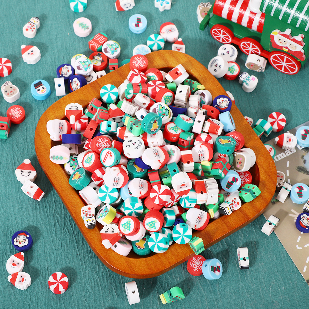 Fiasrel 50pcs Christmas Clay Beads Scattered Beads Santa Claus Snowman Christmas Tree Elk Soft Clay Sliced Beads