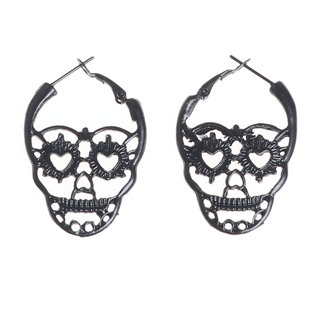 Fiasrel 1pair Spooky Skull Featured Silver Plated Halloween Drop Hoop Earrings for Women Girls