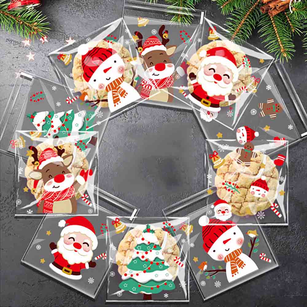 Fiasrel 100pcs/bag Christmas Opp Bags Self-adhesive Candy & Cookie Christmas Bags