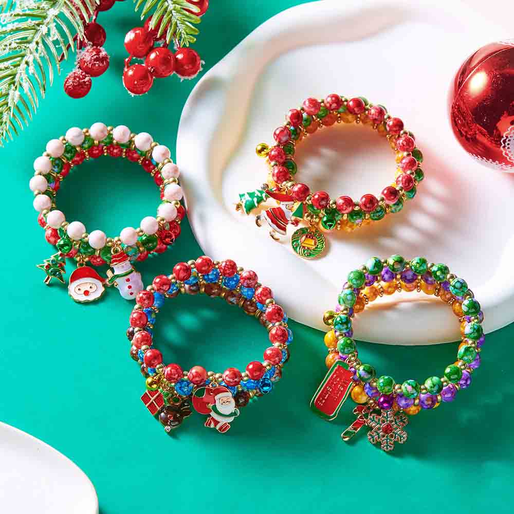 Fiasrel 3pcs Xmas Party Jewelry Bracelet Gifts Stackable Colorful Beaded Stretch Christmas Bracelets Kit