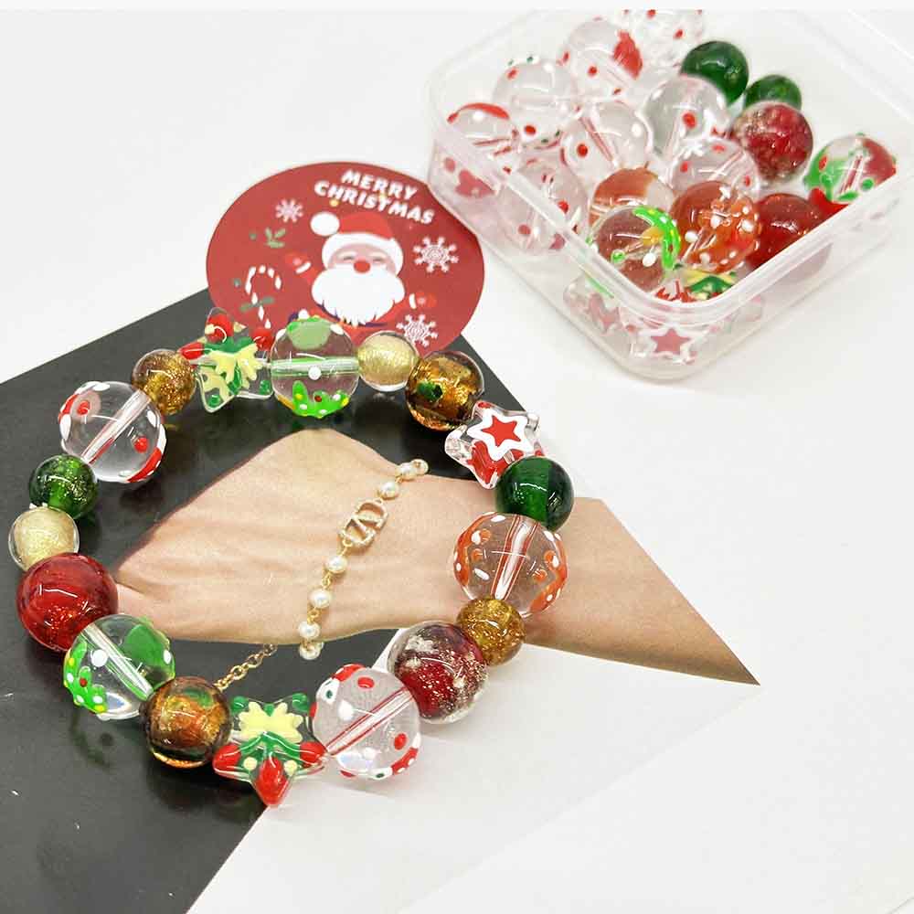 Fiasrel Festive Christmas Glass Beads Set Hand-Painted Enamel Bead Snowman Snowflakes Christmas Santa Hat Christmas Stocking Christmas Beads for DIY Jewelry Making Craft Supplies