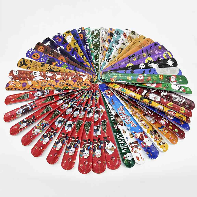 Fiasrel 24/36/48pcs PVC Halloween Christmas Slap Bracelet Wristbands for Kid Children Party Gift Friends