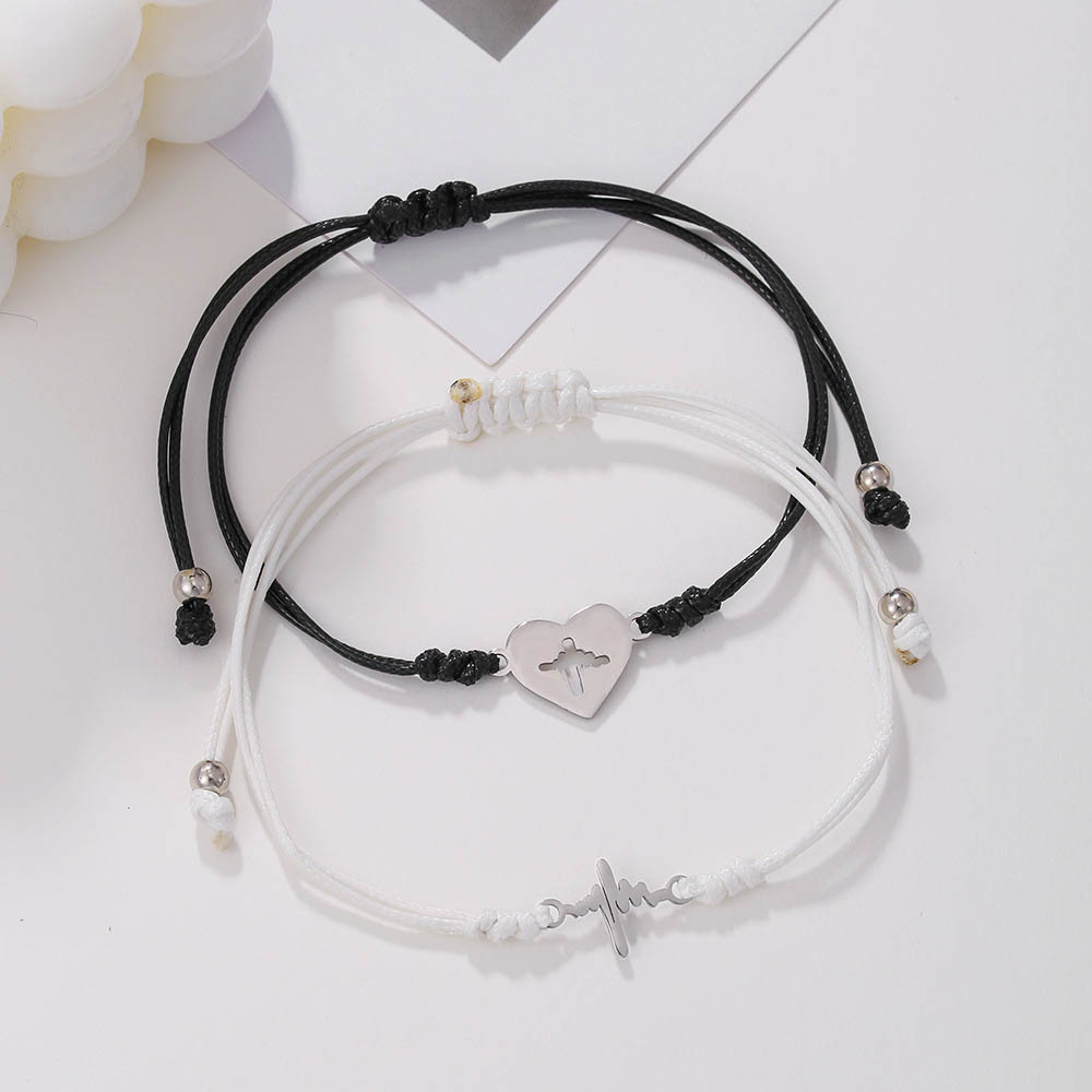 Fiasrel Creative Mother's Day Gift 2Pcs Stainless ECG Wax Braided Matching Bracelets