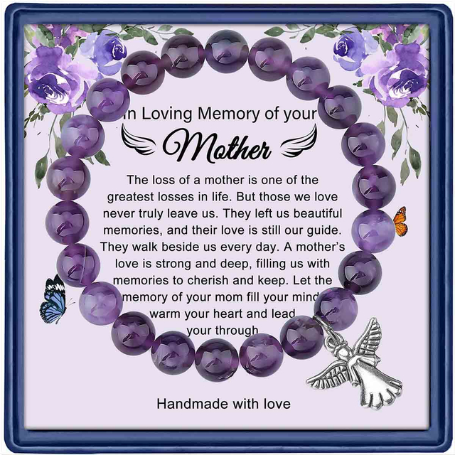 Fiasrel Mother's Day Mom Gift Angel Pendant Bracelet Amethyst Bracelet Obsidian Agate Stone Beads Cards Bracelet 