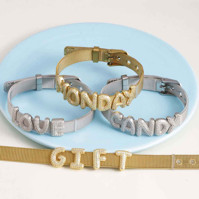 Fiasrel Hot-Selling 18K Gold Plated Chubby Balloon DIY Zircon Letter Bracelet