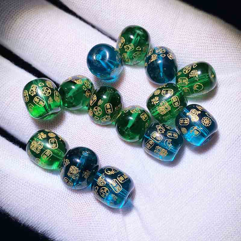 Fiasrel Auspicious Inscription Beads - Green Crystal Barrel Beads & Blue Crystal Date Beads with Engraved Blessings