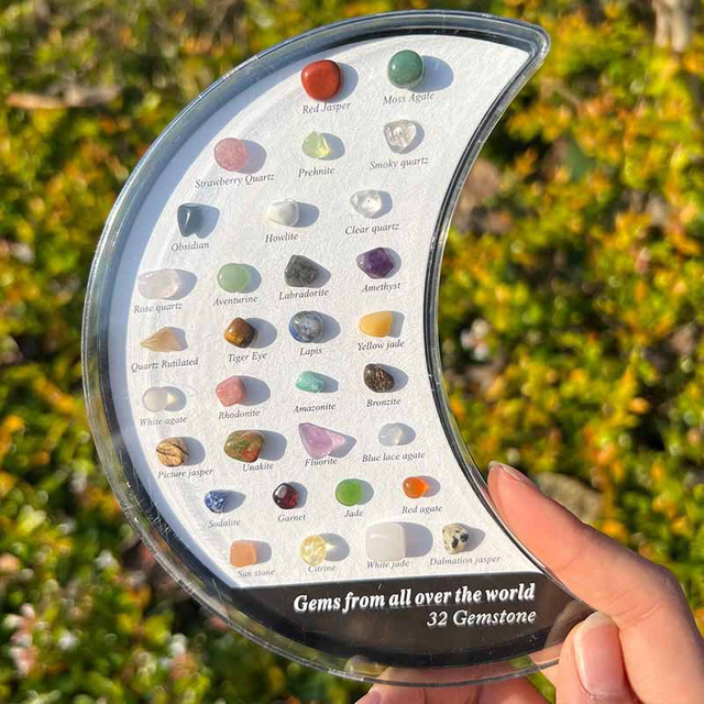 Fiasrel 32-Piece Moon-Shaped Mineral Collection – Natural Crystals, Agates & Gemstones for Geology Education & Christmas Gifting