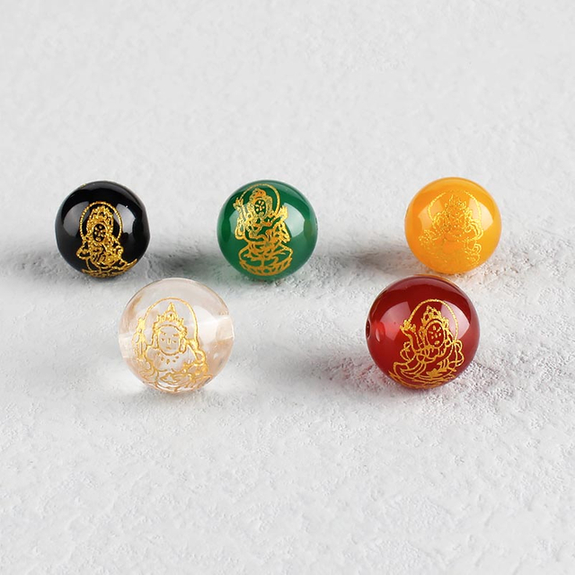 fiasrel Red/Black/Yellow/Green Agate & White Glass Gold-Stamped Five Wealth Gods Beads Loose Prayer Beads for DIY Mala Bracelet Buddhist CraftLucky Charm Jewelry Making