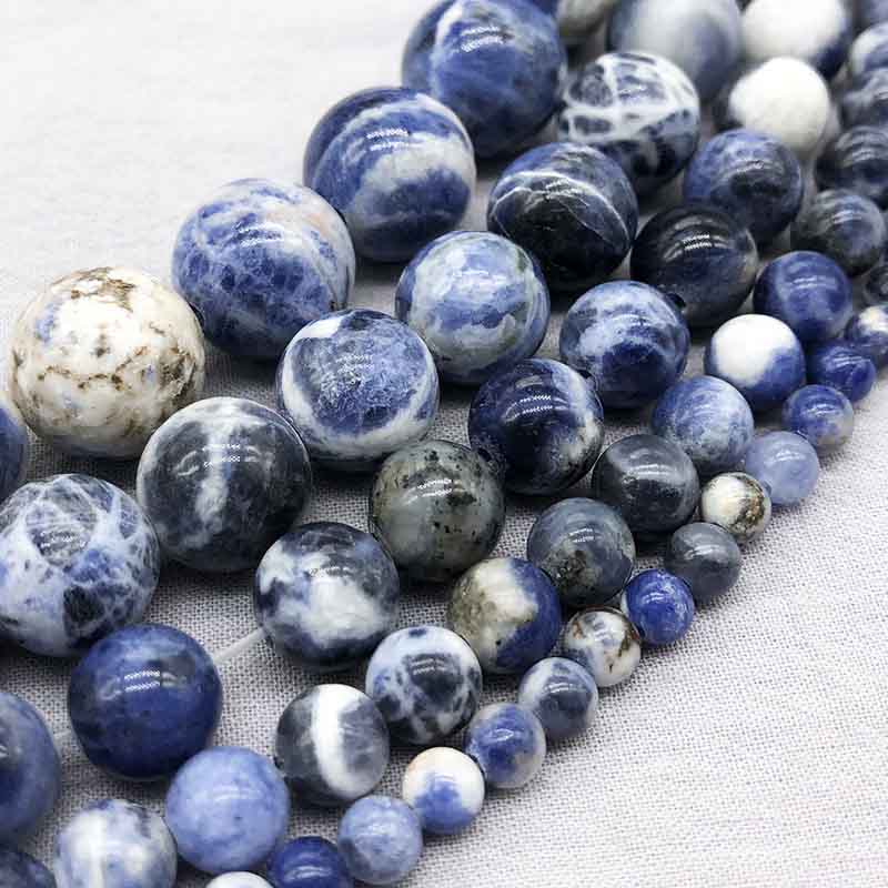 fiasrel 1bundle4-12mm White Veined Blue Linen Stone Loose Beads DIY Handmade Round Beaded Chain Women's Jewelry Set Necklace & Earrings