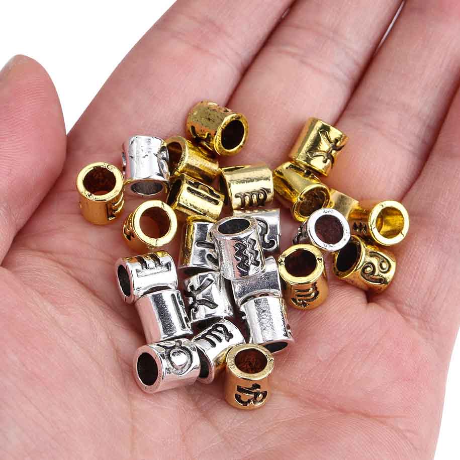 fiasrel 1bundle 60pcs/pack - 12 Zodiac Large Hole Beads for DIY Bracelet Spacer Beads, Antique Silver Plated Bead Accessories
