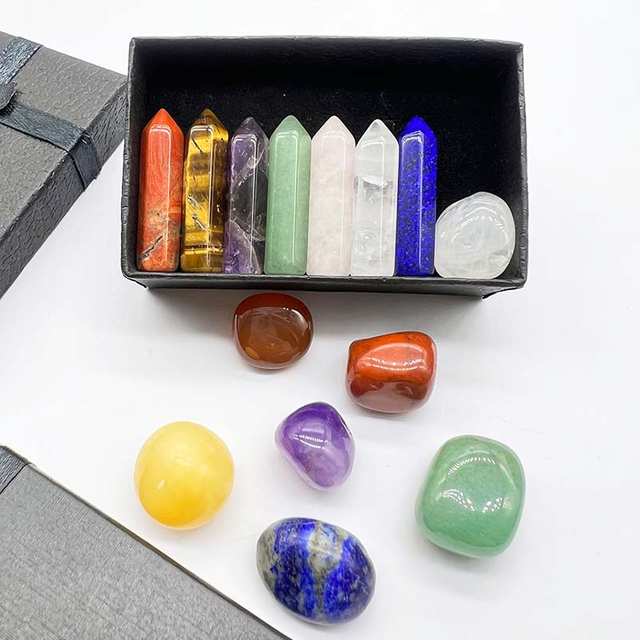 fiasrel Natural Crystal Gemstone Hexagonal Point Set - 7 Single-Terminated & 7 Irregular Stones Gift Box Collection