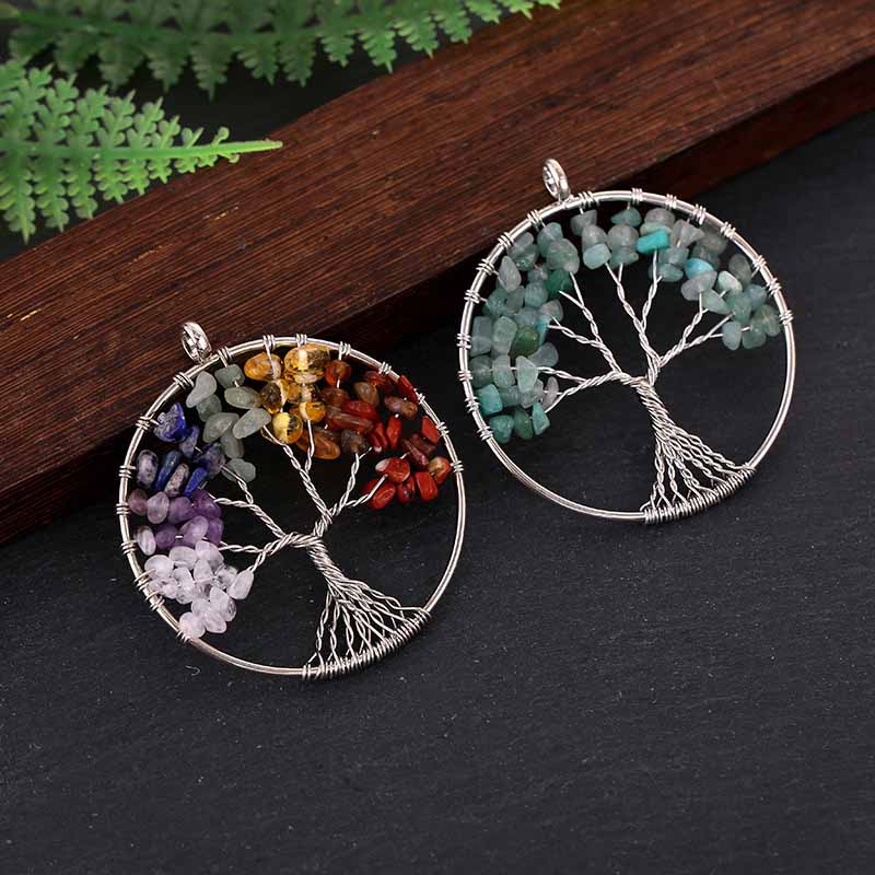 fiasrel Natural Stone Crystal Tree of Life Pendant - Colorful Wire Wrapped Money Tree Necklace DIY Jewelry Pendant Accessory