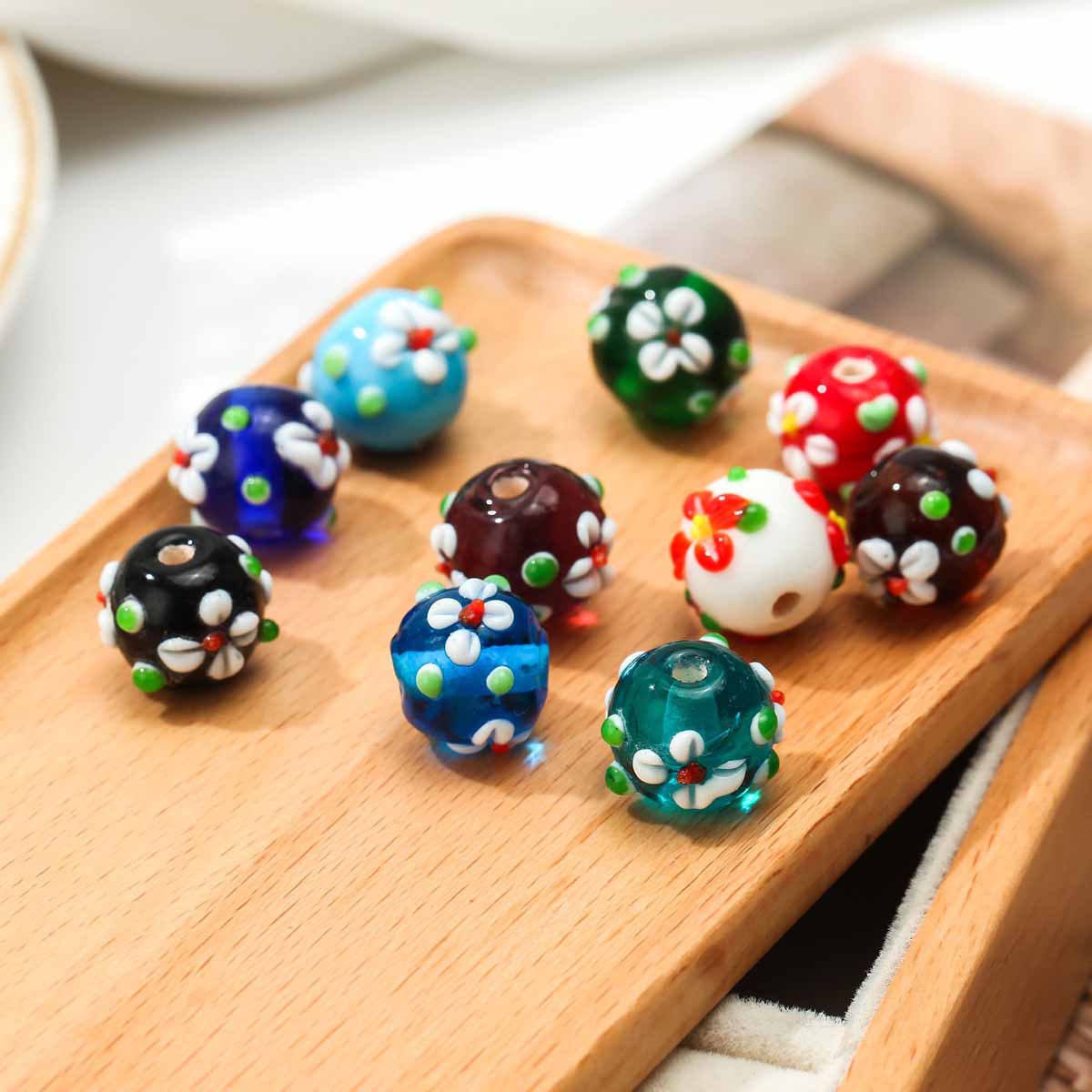 fiasrel 1bundle 12mm Japanese-style Glass Beads - New Floral Cut Colorful Exterior-embedded Floral Glass Beads for DIY Jewelry Accessories