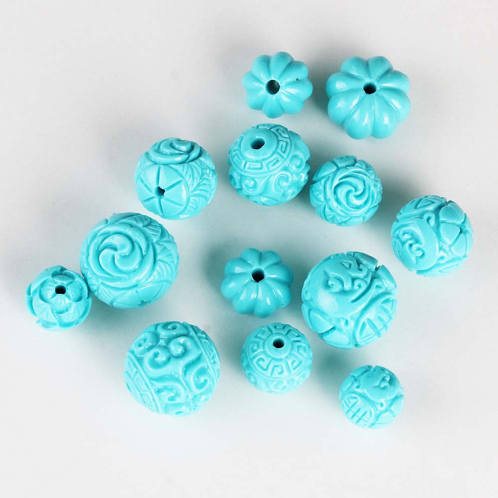 fiasrel 1bundle Turquoise-Pattern Carved Beads - Imitation Turquoise Pumpkin & Dragon Motif Round Loose Beads