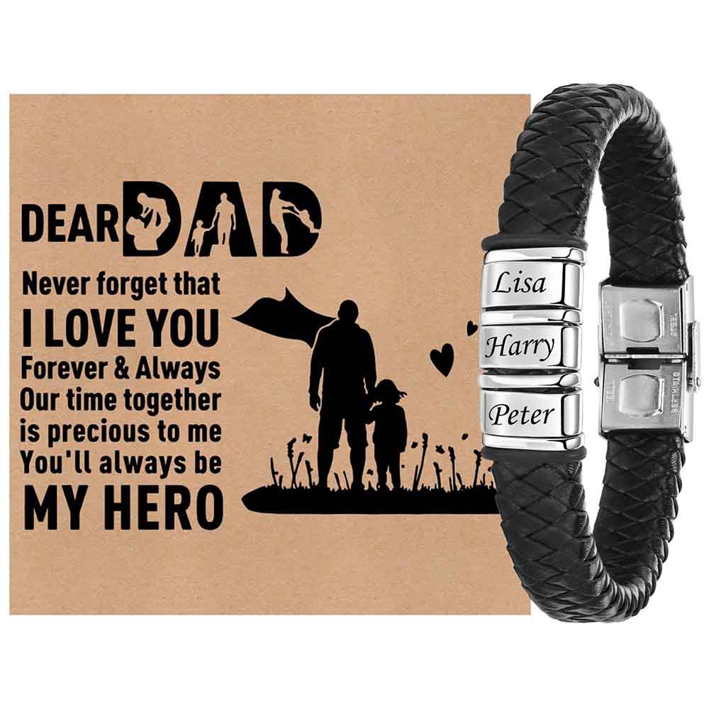 Fiasrel Custom Jewelry Personalized Mens Braided Leather Bracelet Adjustable Custom Beads with Family Names