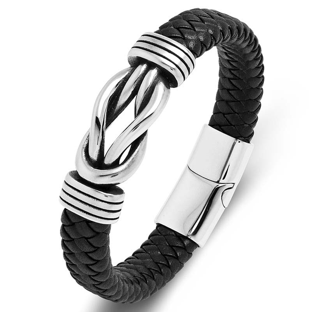 Fiasrel Stainless Steel Charm Magnetic Men Bracelet Leather Genuine Braided Punk Rock Braided Sewing Thread Leather Bracelet