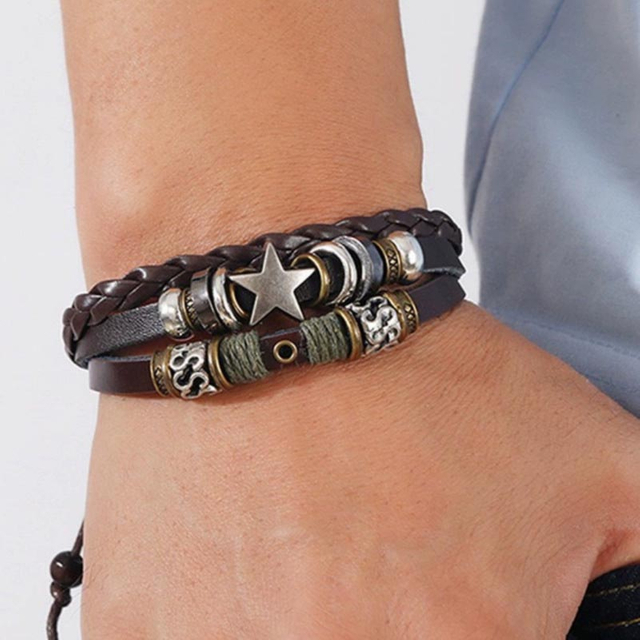 Fiasrel Vintage Anti-Possession Pentagram Star Pattern Leather Braided Bracelet