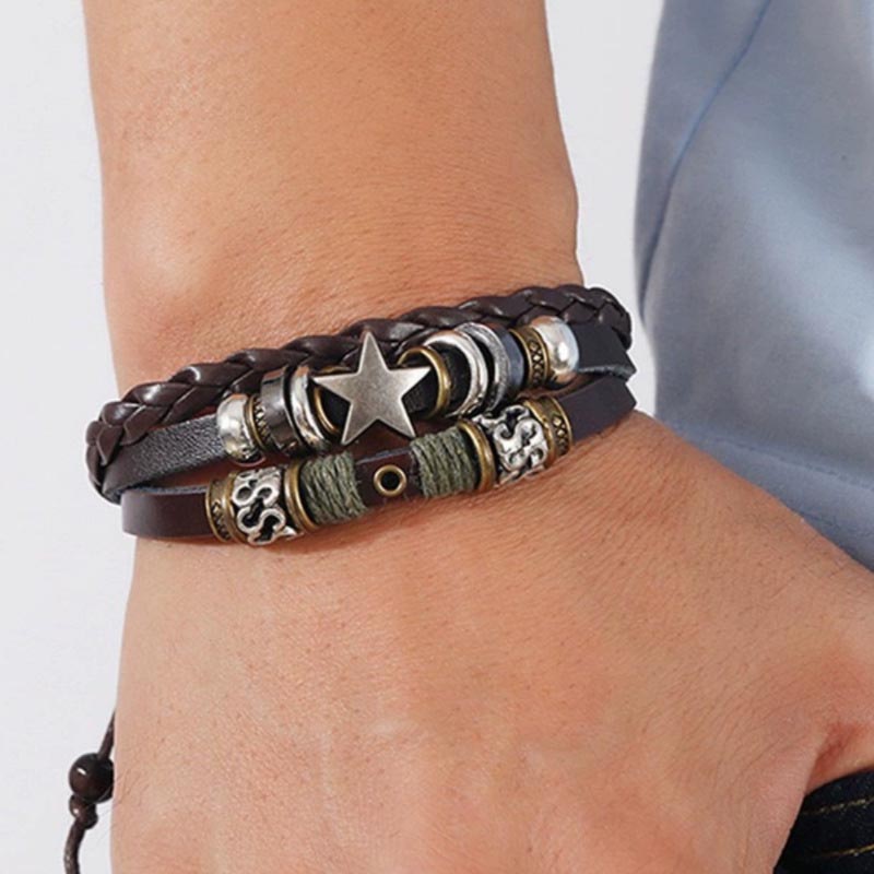 Fiasrel Vintage Anti-Possession Pentagram Star Pattern Leather Braided Bracelet