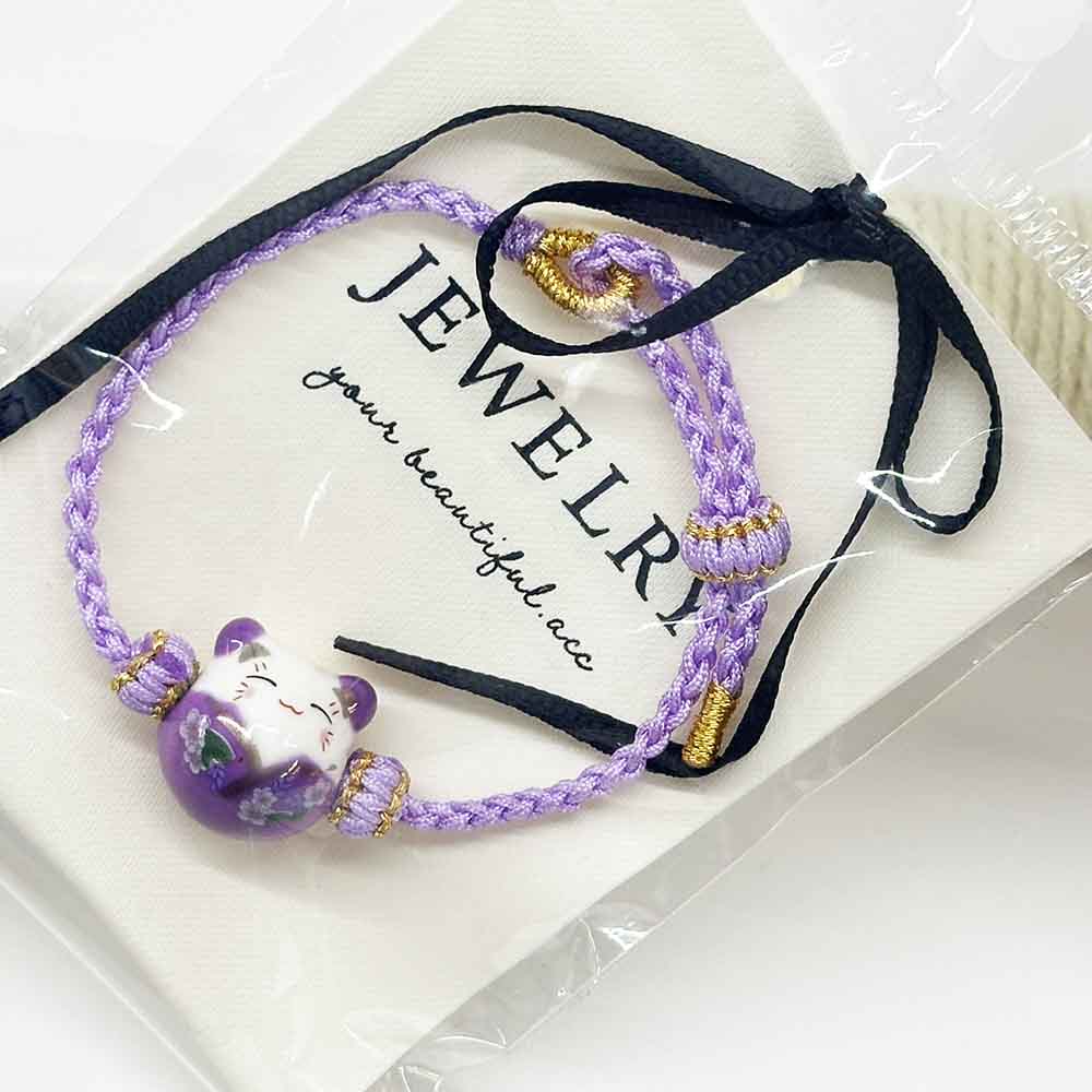 Fiasrel Lovely Colorful Lucky Cat Bracelet Simple Handmade Braid Rope Bracelet Cute Ceramic Cat Bracelet 