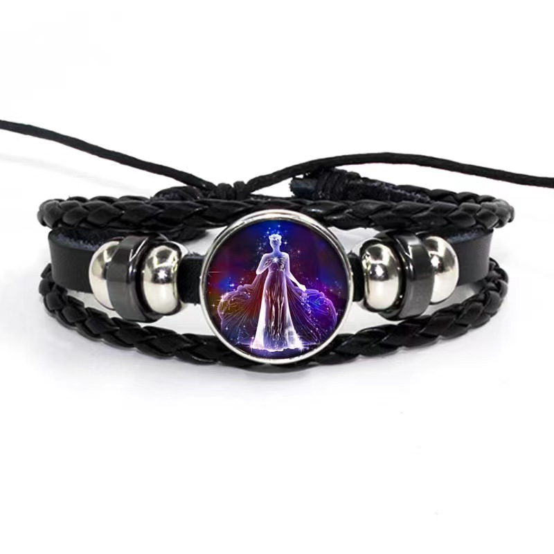 Fiasrel 12 Zodiac Signs Glow In Dark Charm Bracelet Men's and Women's Fashion Multi-layer Luminous Woven Leather Couple Bracelets