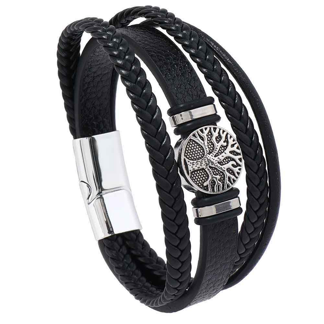 Fiasrel Magnetic Buckle Life Tree Accessories Mens PU Leather Bracelet Charms Luxury Jewelry Steel Bracelet