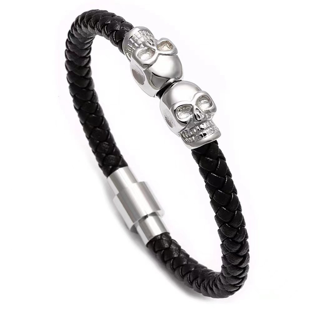 Fiasrel Stainless Steel Skull Bracelets Magnetic Buckle Mens Genuine Leather Bracelet