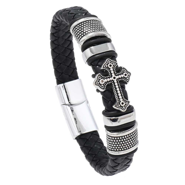 Fiasrel Stainless Steel Gold Plated Magnetic Christian Cross Leather Bracelets