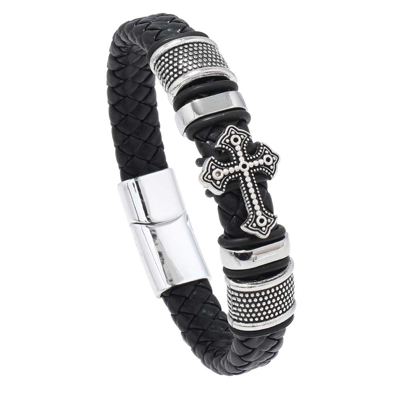 Fiasrel Stainless Steel Gold Plated Magnetic Christian Cross Leather Bracelets