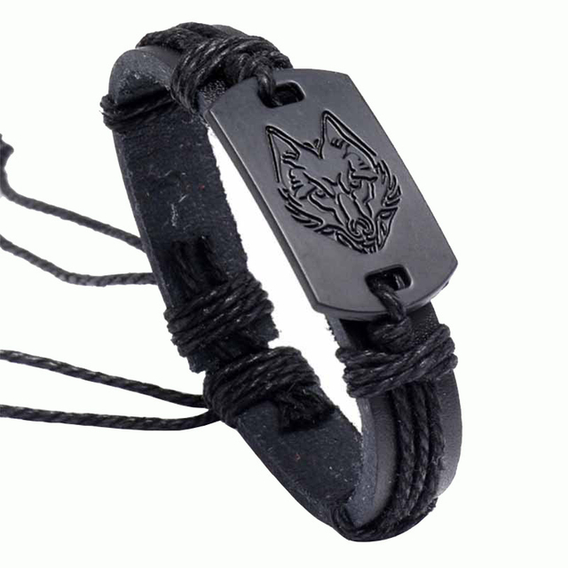Fiasrel Black Wolf Woven Leather Bracelet Punk Style Jewelry Men Bracelets
