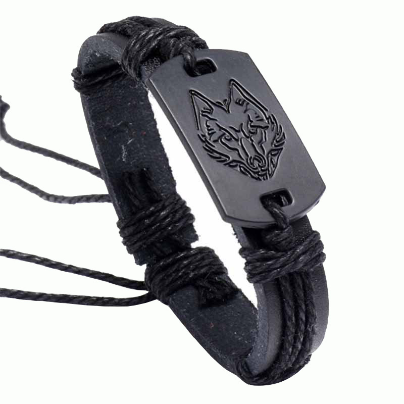 Fiasrel Black Wolf Woven Leather Bracelet Punk Style Jewelry Men Bracelets