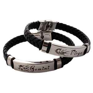 Fiasrel Twelve Constellations Bracelet Adjustable Size Leather Woven Rope Stainless Steel Bracelet